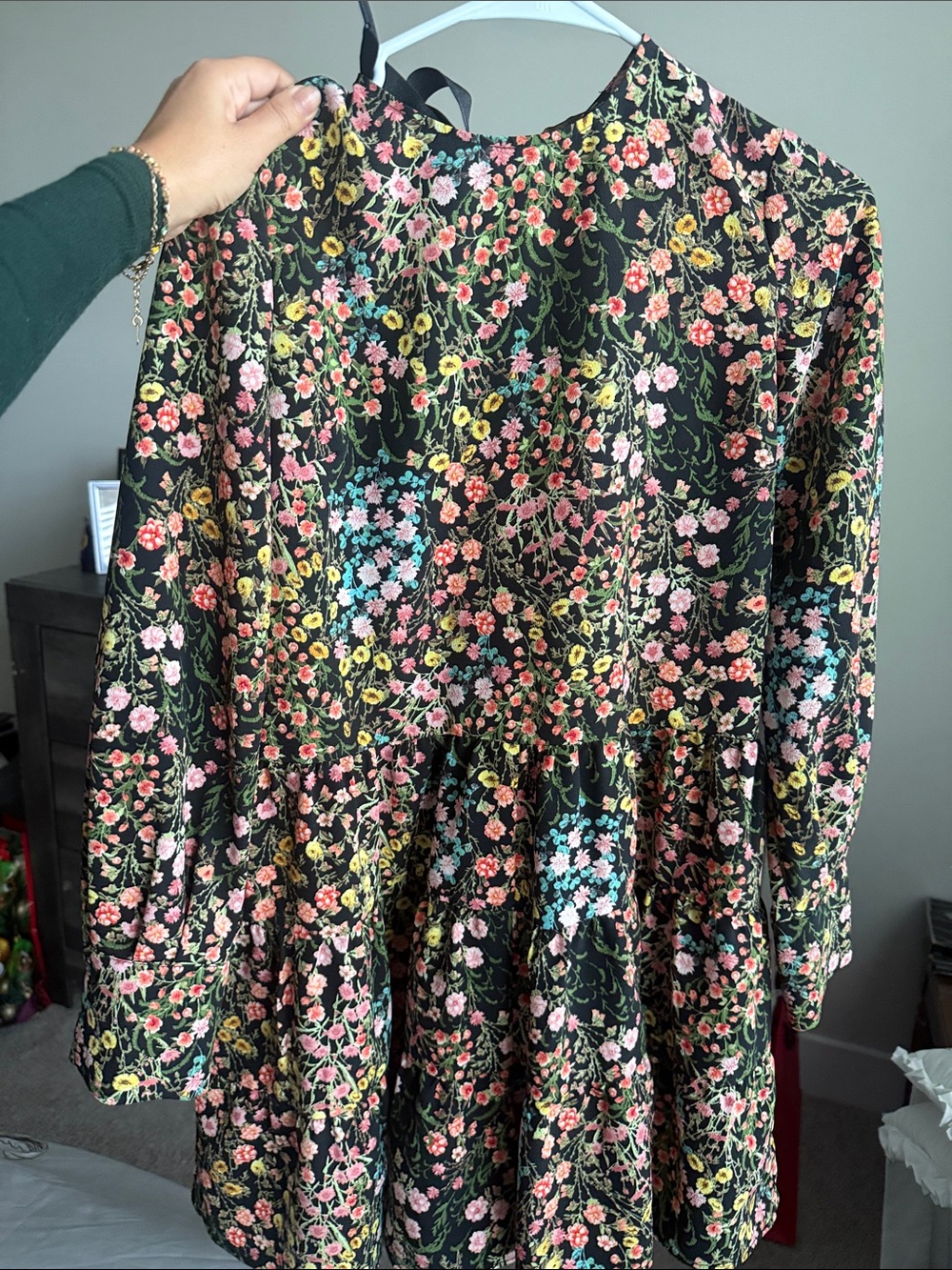 Zara Black Floral Long-Sleeve Tunic with Multicolor Blossoms
